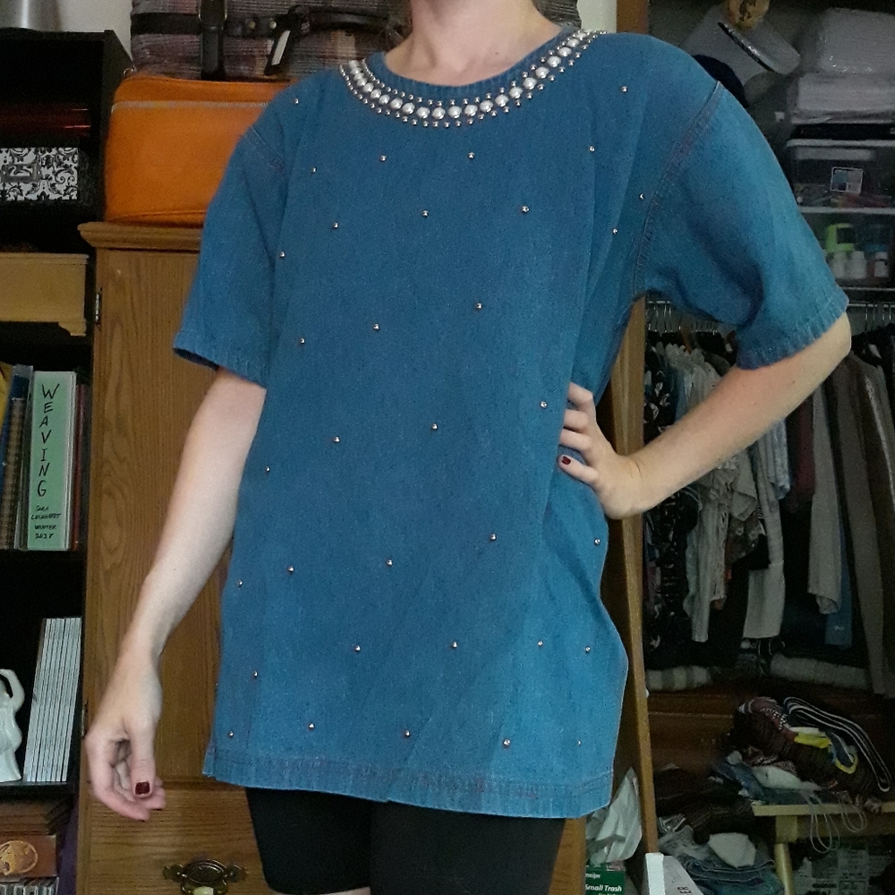 80s Marshall Rousso Las Vegas Bedazzled Denim T-Shirt Tunic Top Glam Retro